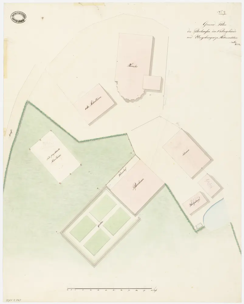 Mettmenstetten: Kirche, Pfarrhaus und Umgebung mit einem neu projektierten Schulhaus; Grundriss (Nr. 9)