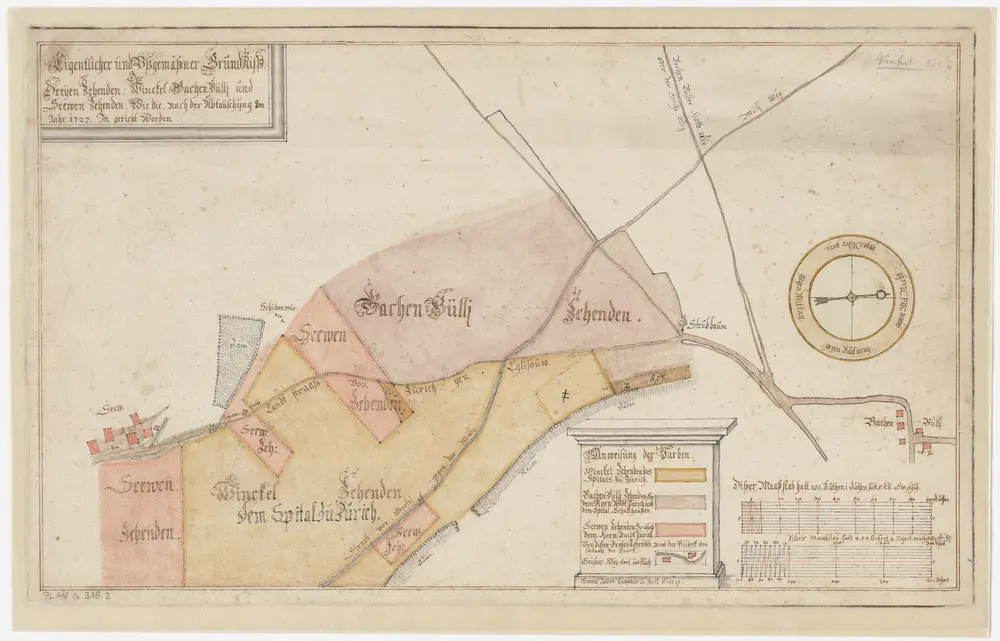 Winkel, Bachenbülach: Zehntenbezirke Bachenbülach, Seeb und Winkel, zehntenpflichtig dem Spitalamt Zürich, dem Kornamt, dem Spital Schaffhausen und dem Bischof von Konstanz, nach dem im Jahr 1727 erfolgten Abtausch: Grundriss