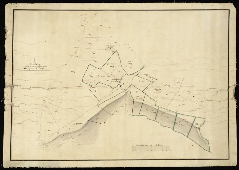 HZAN GA 100_Nr. 269-1_ : Leofels (Kr. Crailsheim); "Der Bühl";ohne Verfasser; Maßstab 100 Ruten = 14,5 cm;83 x 47,5 cm; Norden rechts;Papier auf Leinwand; Federzeichnung; Grenzen in Wasserfarben; Eintrag des Meßgehalts.