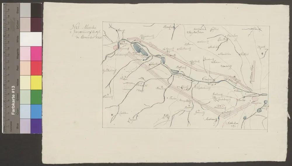 HZAN GA 100_Nr. 663_ : Jägerndorf; "Marche à Jägerndorf" [Kriegskarte];ohne Verfasser;ohne Maßstab;26 x 16,5 cm;Kartenrand: Posnitz-Hochkretscham-Nessidel; Jägerndorf-Guntersdorf-Talibnitz; Zossen-Zossig-Schlakau; Cosnitz-Odersch-Jitschowitz;Papier; Federzeichnung; Ortschaften angedeutet; Gewässer in Wasserfarben; Truppenstellungen in Wasserfarben.