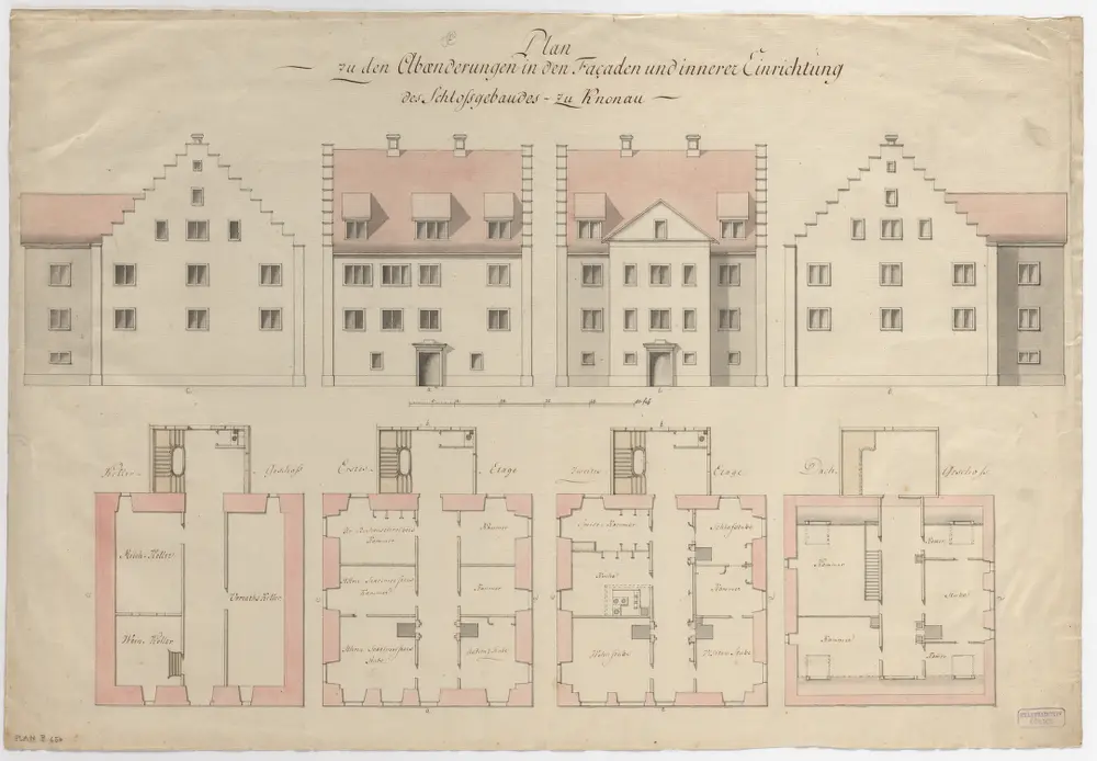 Knonau: Schloss; Grundrisse und Ansichten aller Fronten