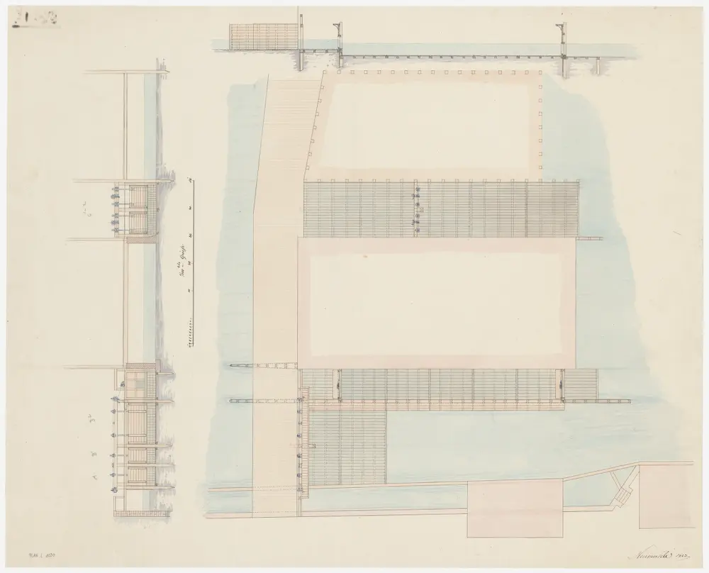 Zürich: Oberer Mühlesteg, Frei- und Schifffahrtsschleusen der Limmat; Grundriss und Querprofile (Zürichsee-Abfluss Nr. 1 b)