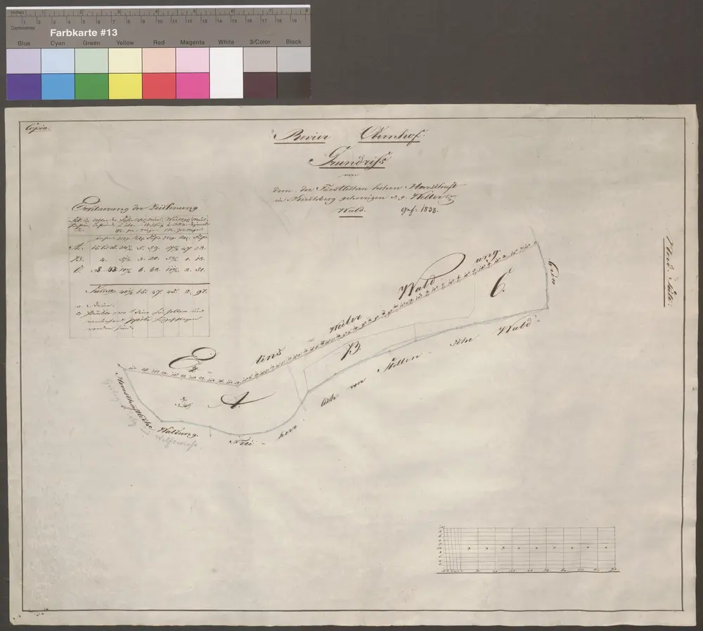 HZAN GA 100_Nr. 310_ : Oberhof (Kr. Öhringen); "Grundriß des Wellerschen Waldes";ohne Verfasser;90 Ruten = 10,4 cm;44,5 x 32,5 cm;Papier; Federzeichnung; Grenze farbig behandelt;Einzeichnung der einzelnen Marksteine; links oben Berechnung der Grundstücke.