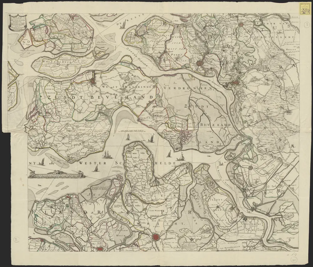 Nieuwe kaart van de eilanden Zuid en Noord Beveland, Wolfersdyk en de heerlykheden van Vosmaar, Tolen, Poortvliet, Martensdyk & met de nieuwe bedykinge als mede van 't marquisaat van Bergen.