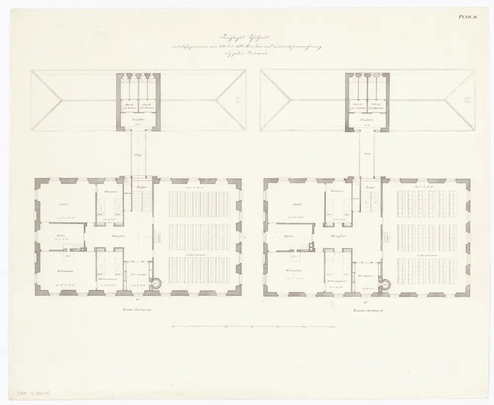 Musterpläne zu Schulhäusern für den Kanton Zürich: Dreifaches Schulhaus mit Lehrzimmer für 120 bis 150 Kinder und einer Lehrerwohnung auf jedem Stockwerk: 1. und 2. Stock; Grundrisse (Nr. XII B)