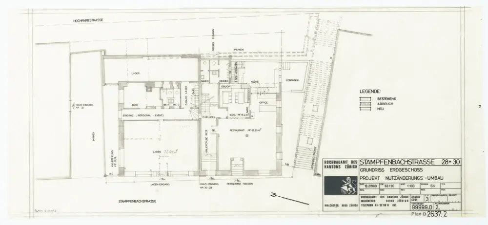 Haus Stampfenbachstrasse 28 und 30: Erdgeschoss; Grundrisse: Erdgeschoss, projektierter Umbau; Grundriss