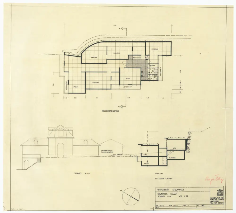 Universität Zürich (Nebengebäude Stockargut): Ansichten und Grundrisse: Keller; Grundriss und Schnitt A-A