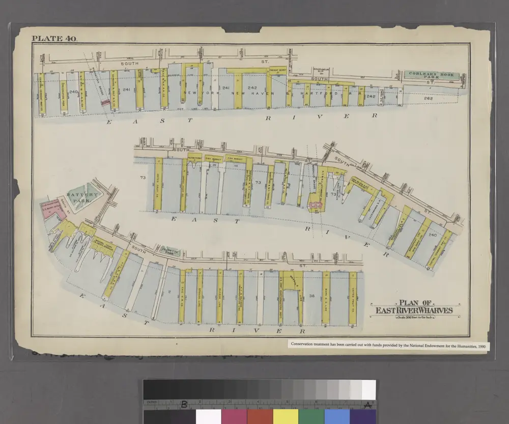 Plate 40: Bounded by Corlears Street, Pierhead Line [Piers 45-1], Battery Park, Whitehall Street, and South Street.