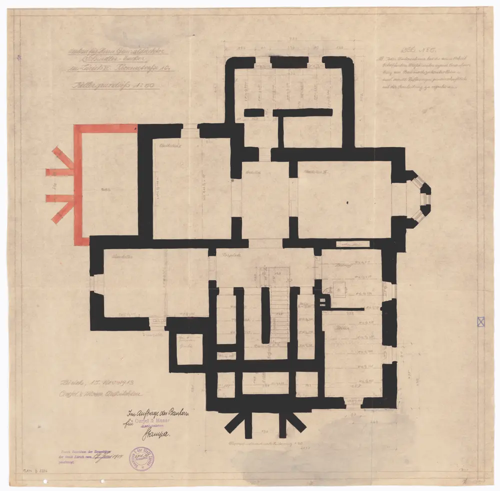 Schindlergut Zürich 6, Liegenschaft Kronenstrasse 10: Umbau für Generaldirektor Schindler-Escher; Keller; Grundriss