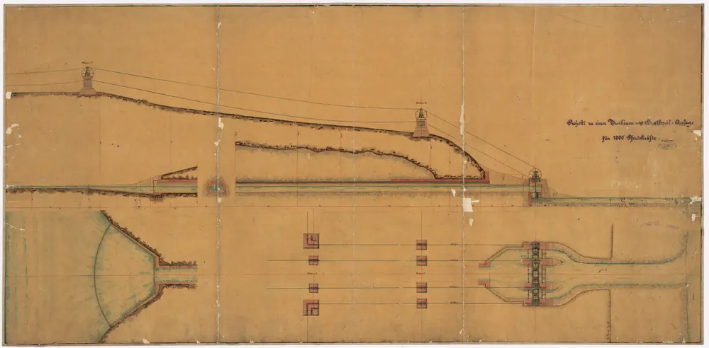 Pflegeanstalt Rheinau: Projektierte Turbinen- und Drahtseil-Anlage für 1000 Pferdekräfte; Ansicht und Grundriss