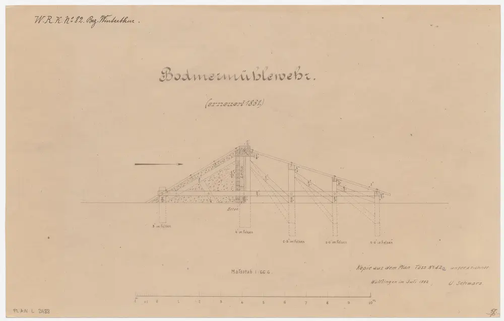 Wülflingen: Wehr der Bodmermühle (später Wespimühle); Querschnitt (Töss-Gebiet Nr. 42 c)