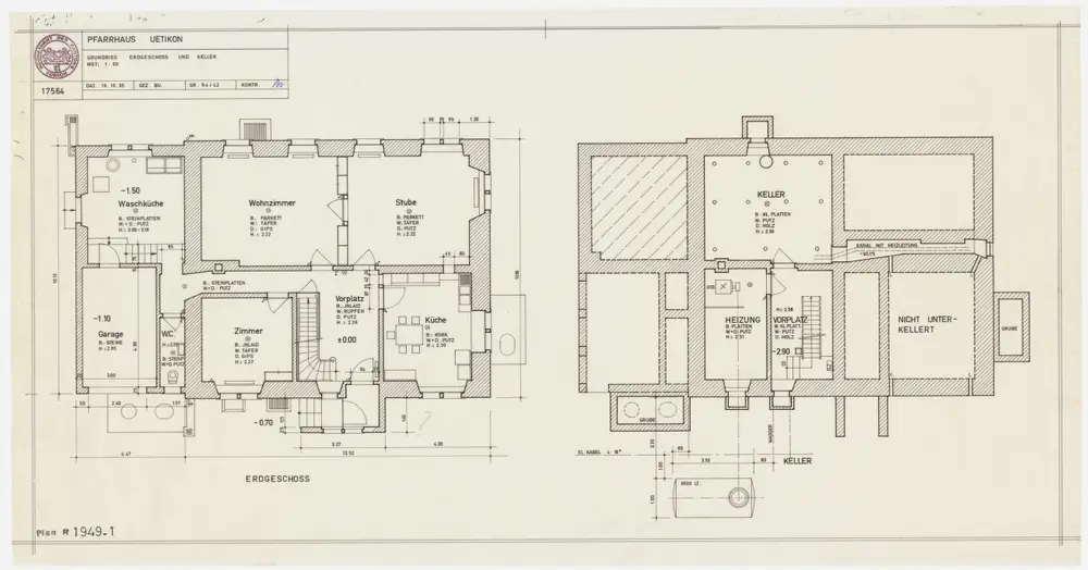 Uetikon am See: Pfarrhaus: Keller und Erdgeschoss; Grundrisse