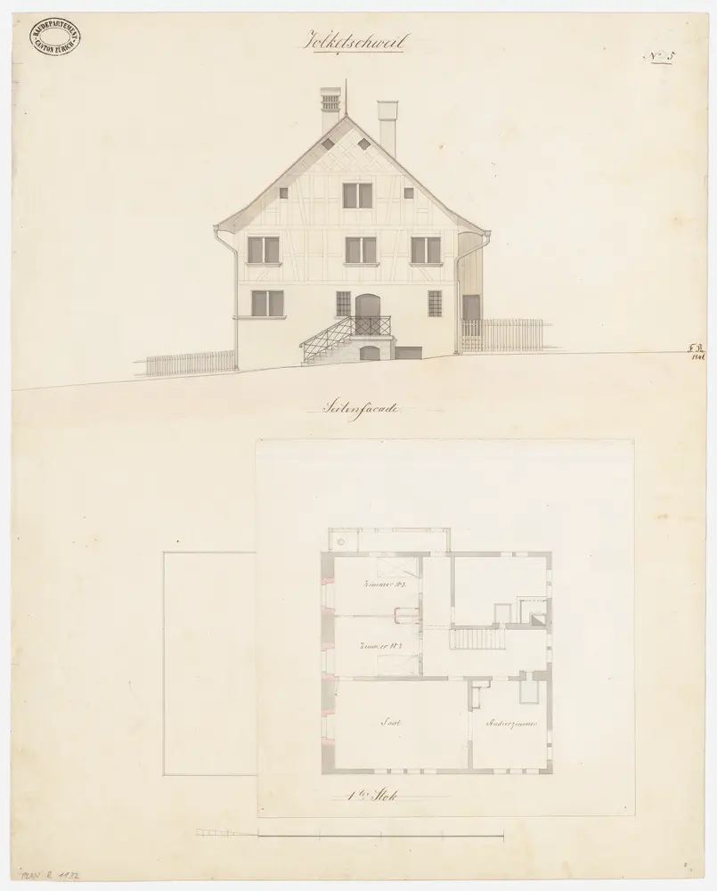 Volketswil: Pfarrhaus; Grundriss des 1. Stocks und Ansicht (Nr. 5)