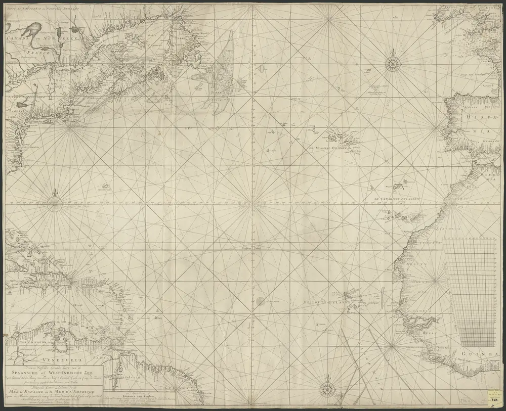 Nieuwe wassende graade kaart van de Spaansche of West-Indische Zee van't Kanaal tot de Bancq van Terra Neuf 't eyland Cuba en Caap de Noord