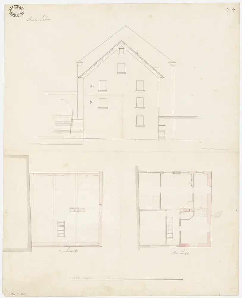 Unterstammheim: Pfarrhaus Stammheim; Grundrisse des 2. Stocks und des Dachgeschosses und Westansicht (Nr. 11)