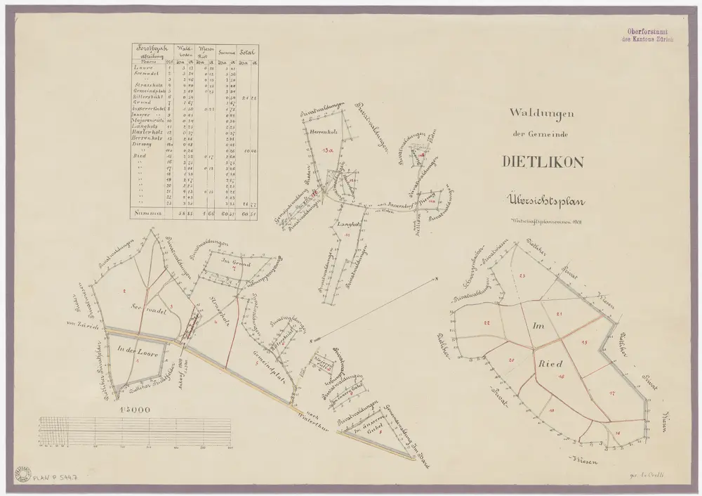 Dietlikon: Gemeindewaldung: Forstbezirke; Übersichtsplan