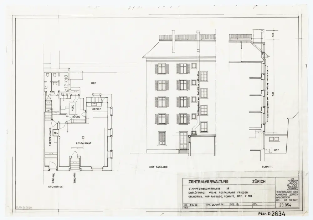 Haus Stampfenbachstrasse 28 und 30: Zentralverwaltung, Entlüftungsanlage; Hofansicht, Grundriss und Schnitt