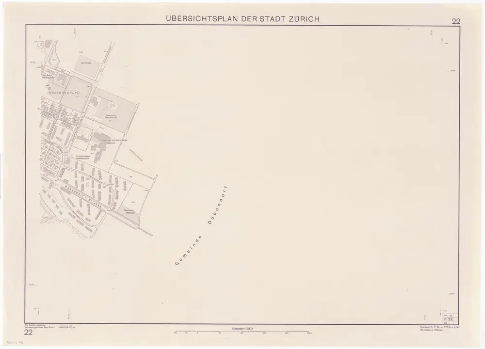 Übersichtsplan der Stadt Zürich in 57 Blättern, Blatt 22: Teil von Schwamendingen bei der Grenze zu Dübendorf