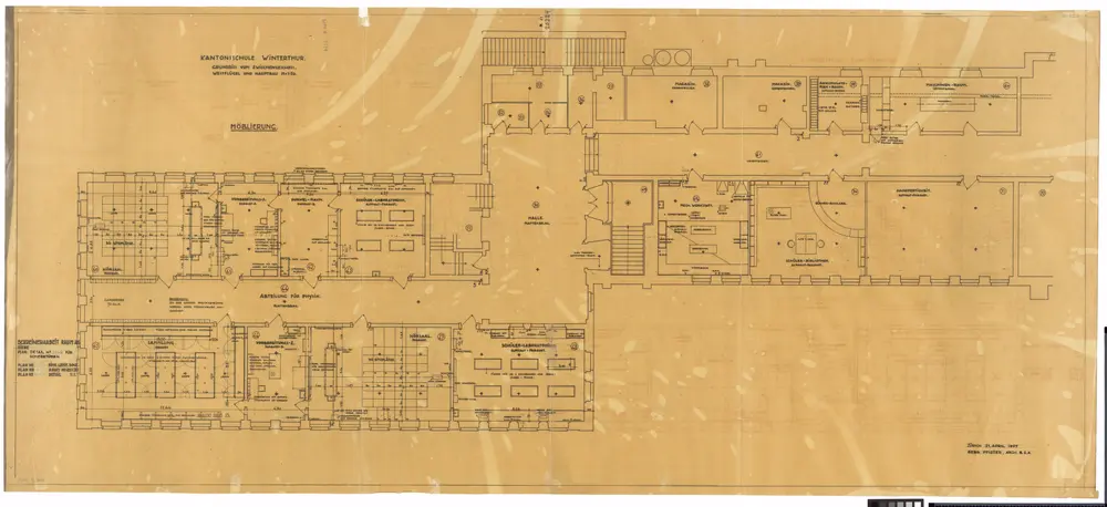 Winterthur: Alte Kantonsschule, Westflügel und Hauptbau, Zwischengeschoss; Grundriss und Möblierung