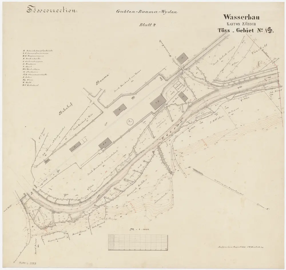 Bauma: Von der alten Bahnbrücke bis unterhalb der Einmündung des Wissenbachs, Tösskorrektion; Situationsplan (Töss-Gebiet Nr. 13, Blatt 2)