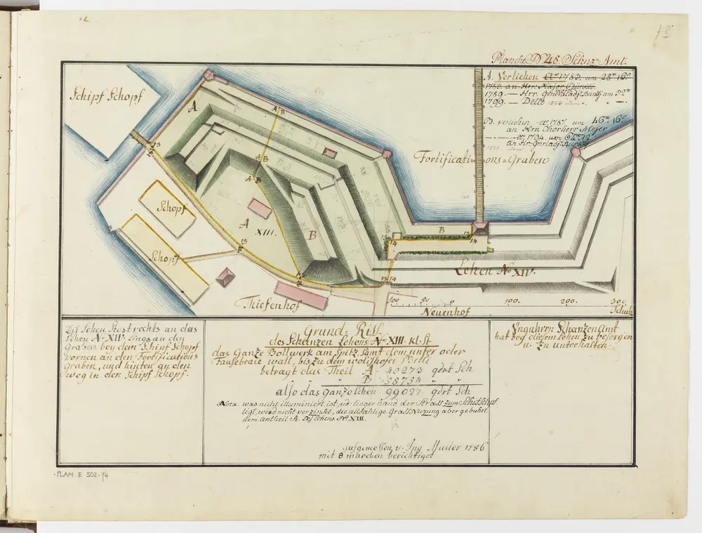 Zürich: Dem Spital Zürich gehörende Lehen in den Fortifikationswerken; Ansichten, Grundrisse und Schnitte: Schanzenlehen Nr. 13 Kleine Stadt, beim Bollwerk am Schanzengraben-Spitz; Grundriss