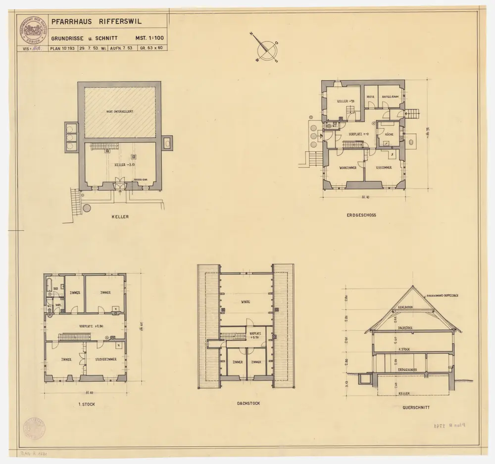 Rifferswil: Pfarrhaus; Grundrisse des Kellers, Erdgeschosses, 1. Stocks und Dachgeschosses und Querschnitt