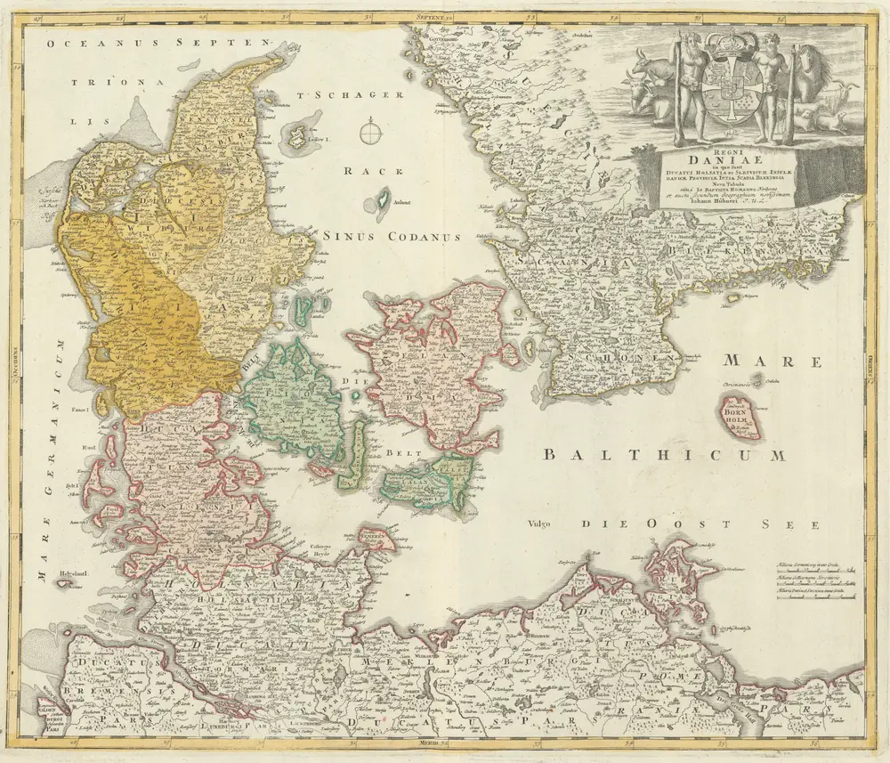 Regni Daniae in quo sunt Ducatus Holsatia Et Slesvicum Insulae Danicae, Provinciae Iutia Scania Blekingia Nova Tabula [...] [Karte], in: [Atlas factice], S. 213.