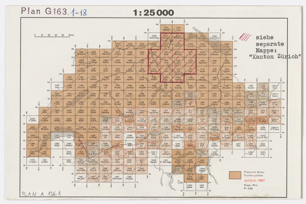 Landeskarte der Schweiz 1 : 25000: Den Kanton Zürich betreffende Blätter: Übersicht der Blätter