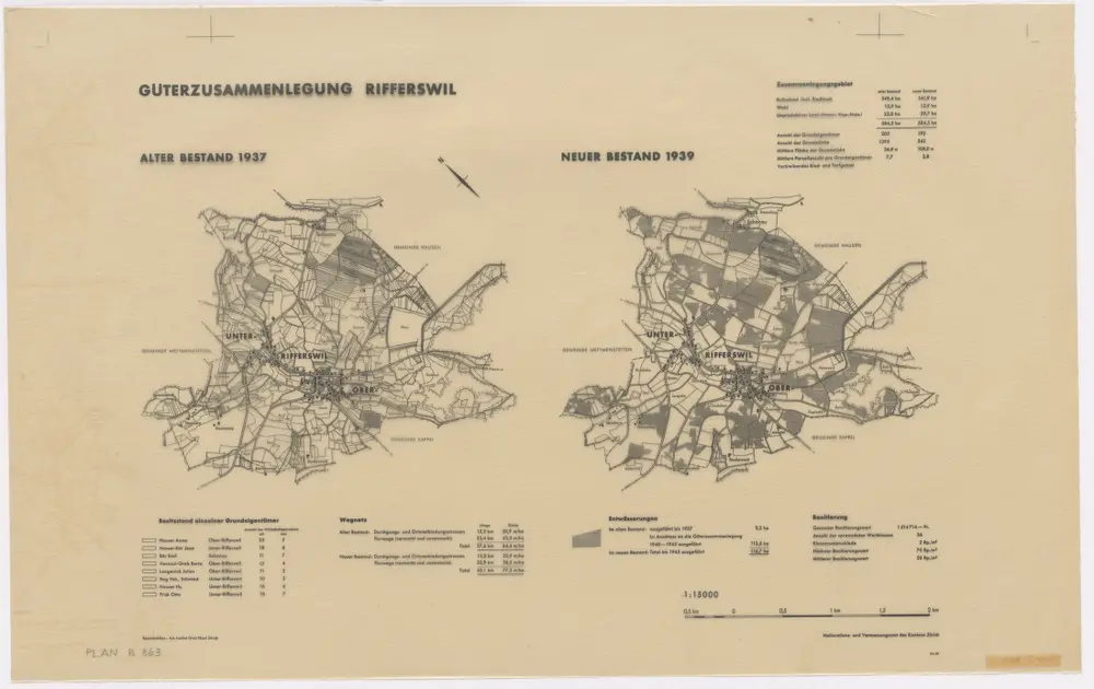 Rifferswil: Güterzusammenlegung, alter Bestand 1937 und neuer Bestand 1939; Übersichtsplan