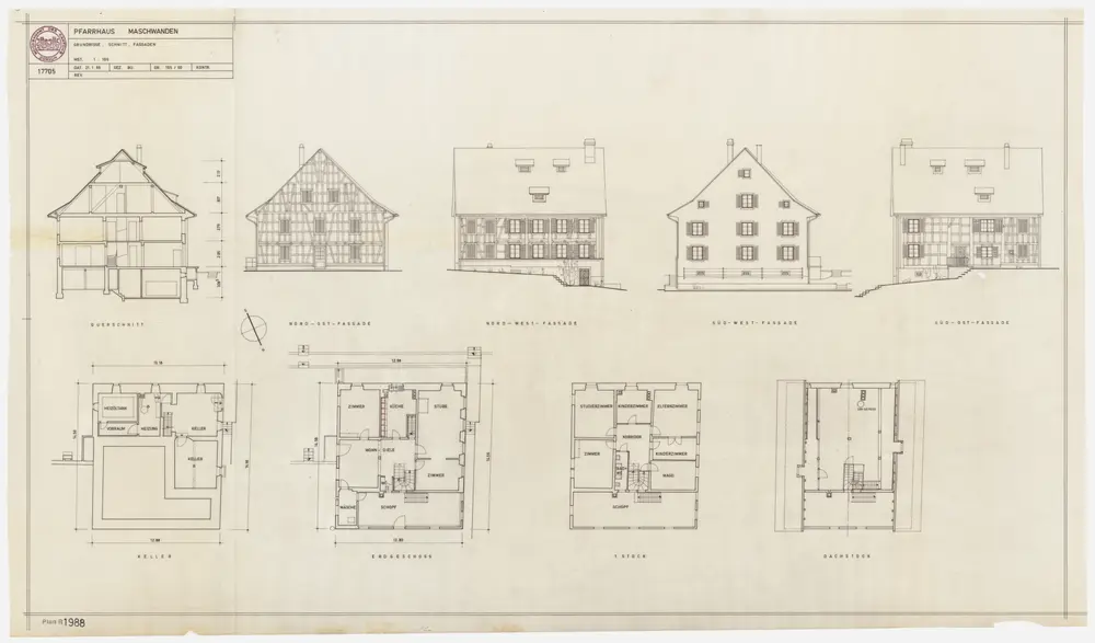 Maschwanden: Pfarrhaus; Grundriss des Kellers, Erdgeschosses, 1. Stocks und Dachgeschosses, Süd-, Ost, Nord- und Westansichten und Querschnitt