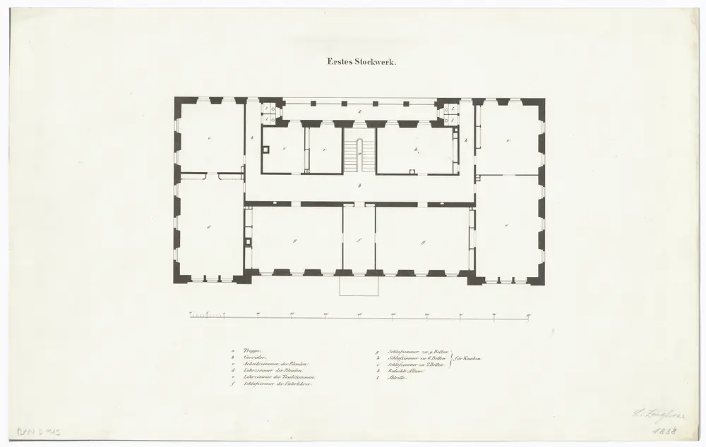 Blinden- und Taubstummenanstalt, Neubau an der Halseisengasse: In den Jahren 1836-1838 ausgeführtes Projekt; 1. Stock; Grundriss