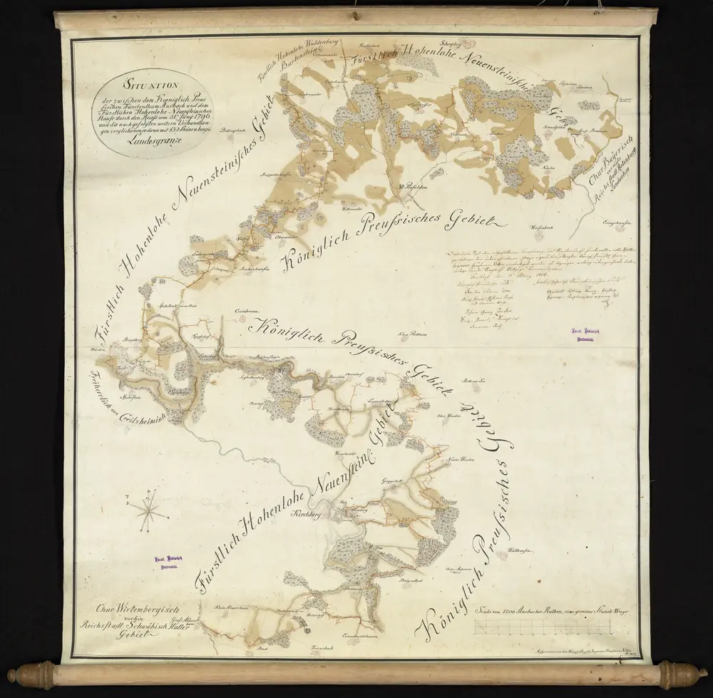 HZAN GA 100_Nr. 132_ : Hohenlohe; "Situation der zwischen dem königlich-preußischen Fürstentum Ansbach und dem fürstlich Hohenlohe-Neuensteinischen Hause durch den Rezeß vom 21. Juni 1796 ... verglichenen, sodann mit 532 Steinen besetzten Landesgrenze";Königlich-preußischer Ingenieur Hauptmann Vetter; 1.200 Ansbacher Ruten = 18,7 cm = "eine gemeine Wegstunde" [6 cm = 1 km];77 x 85 cm; Norden oben;Papier auf Leinwand; Federzeichnung; Grenzen und Gewässer farbig;Ortschaften in Idealplänen; Marksteine nummeriert; Waldstücke an der Grenze mit Flurnamen; Unterschrift der Vollzugskommission 1806.