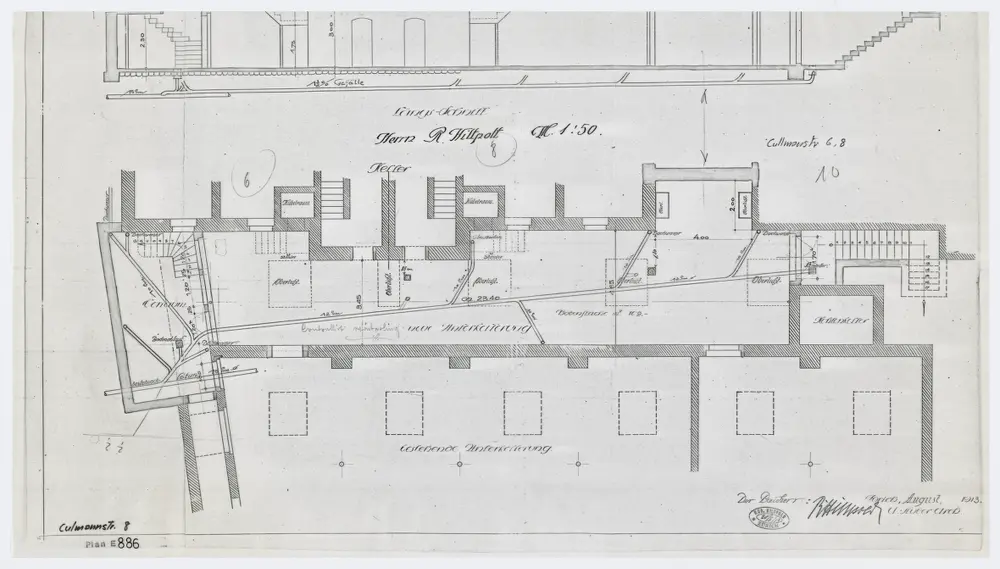 Zürich: Kantonsspital, Liegenschaft Culmannstrasse 6 und 8, Kanalisation; Grundriss und Längsschnitt