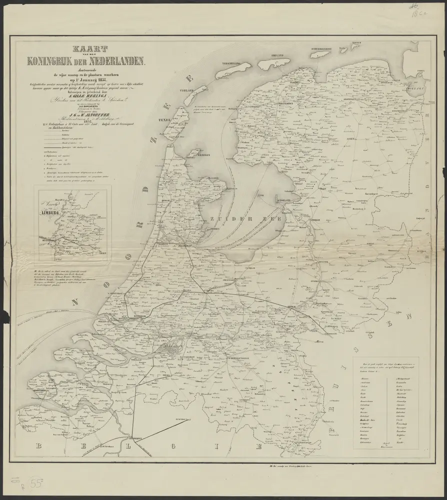 Kaart van het Koningrijk der Nederlanden : aantoonende de wijze waarop en de plaatsen waarheen op 1e Januarij 1857 briefpakketten worden verzonden of briefbestelling wordt verrigt op kosten van 's Rijks schatkist, benevens opgave waar op dat tijdstip E.M. telegraaf kantoren geopend waren