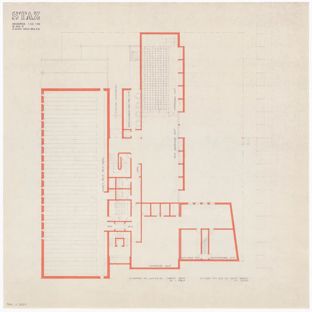 Staatsarchiv des Kantons Zürich, projektierter Neubau zwischen Zeltweg, Wettingerwies und Promenadengasse: Grundrisse und Schnitte: 1. Untergeschoss; Grundriss (Variante)