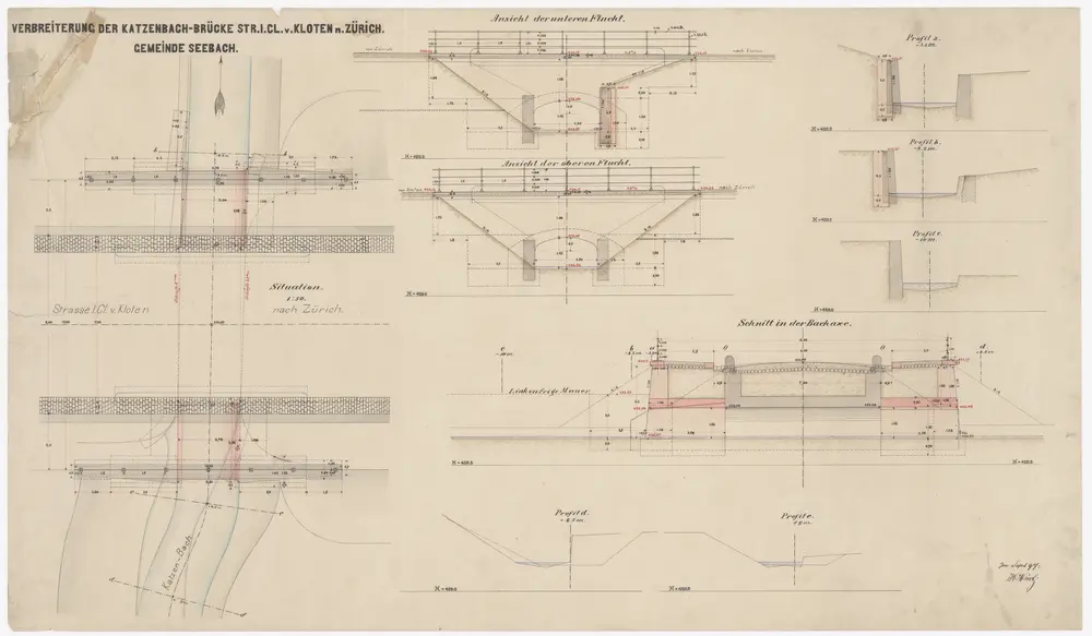 Seebach: Verbreiterung der Katzenbachbrücke; Situationsplan, Ansichten, Schnitte und Profile