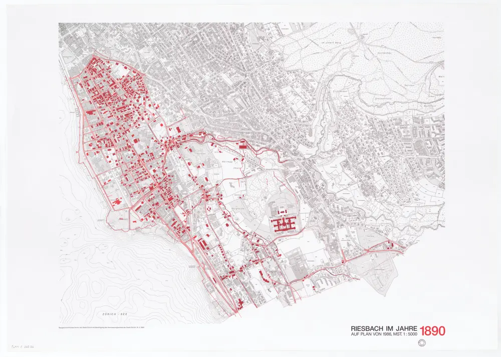 Historische Bauzustände der Zürcher Aussenquartiere in 48 Blättern: Riesbach im Jahre 1890 auf einem Plan von 1986; Übersichtsplan
