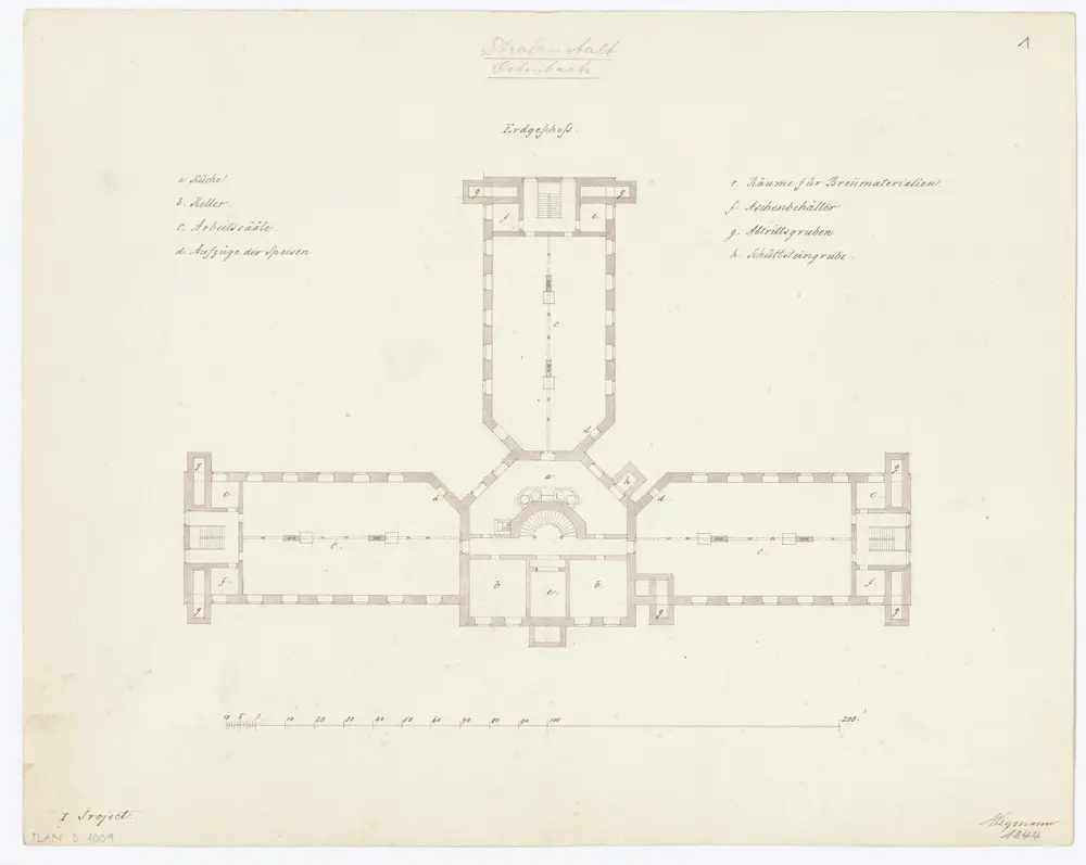 Kantonale Strafanstalt, projektierter Neubau: Erdgeschoss; Grundriss (1. Projekt)