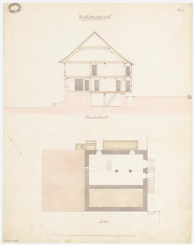 Volketswil: Pfarrhaus; Grundriss des Kellers und Querschnitt (Nr. 3)