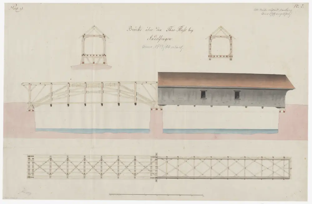 Andelfingen: Hölzerne gedeckte Brücke über die Thur: Ansicht, Grundriss und Schnitte