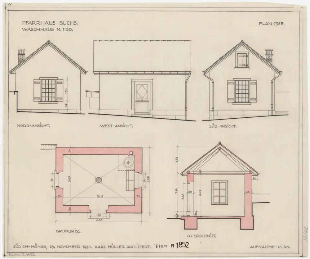 Buchs: Waschhaus; Grundriss, Nord-, Süd- und Westansichten und Querschnitt