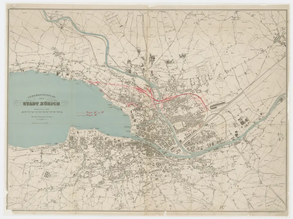 Zwei projektierte Verlegungen der linksufrigen Zürichseebahn auf dem Gebiet der Stadt Zürich; Übersichtsplan