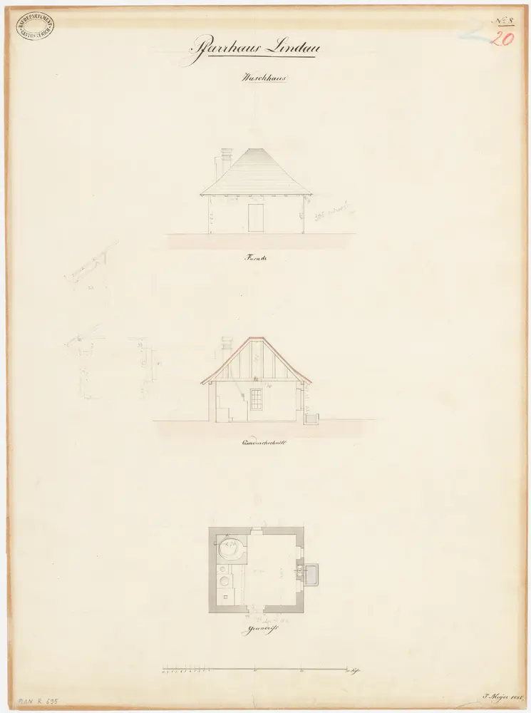 Lindau: Waschhaus; Grundriss, Ansicht und Querschnitt (Nr. 20)