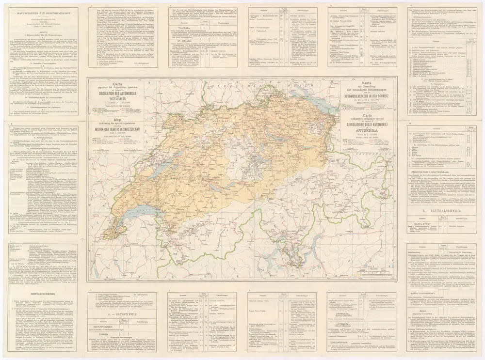 Carte signalant les dispositions spéciales qui régissent la circulation des automobiles en Suisse