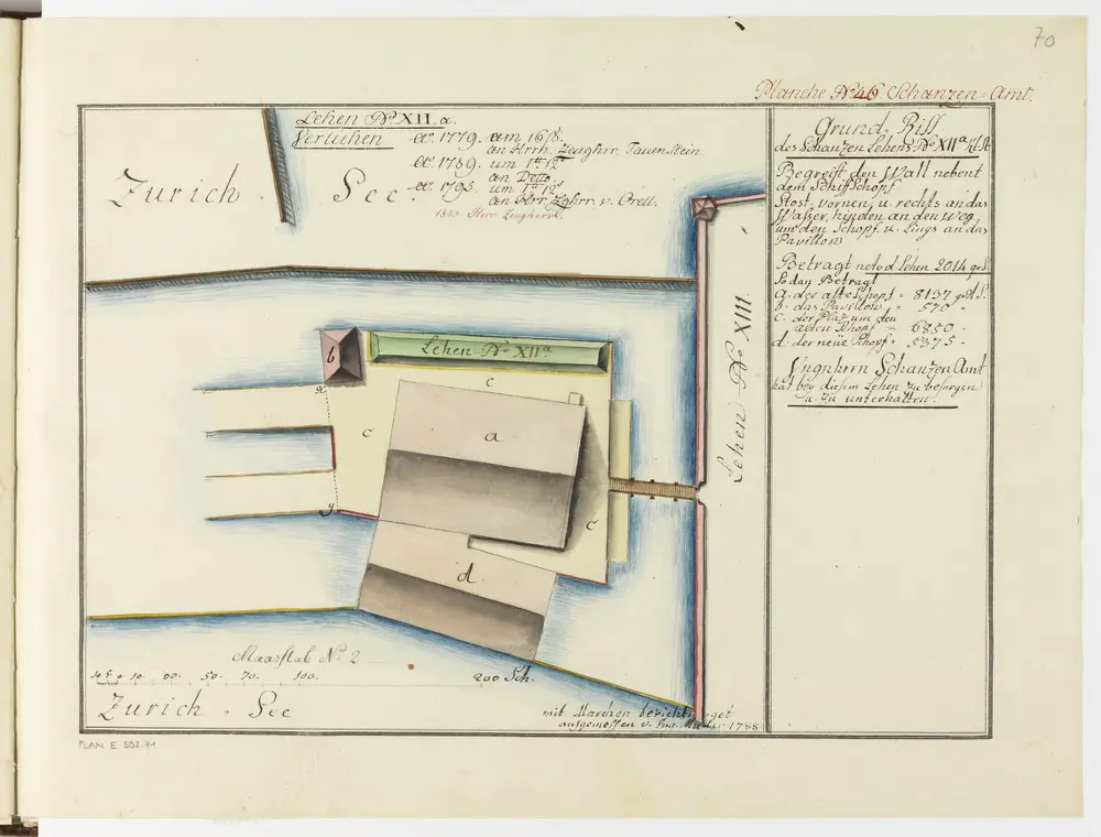 Zürich: Dem Spital Zürich gehörende Lehen in den Fortifikationswerken; Ansichten, Grundrisse und Schnitte: Schanzenlehen Nr. 12 a Kleine Stadt, beim Wall nahe dem Schiffschuppen; Grundriss