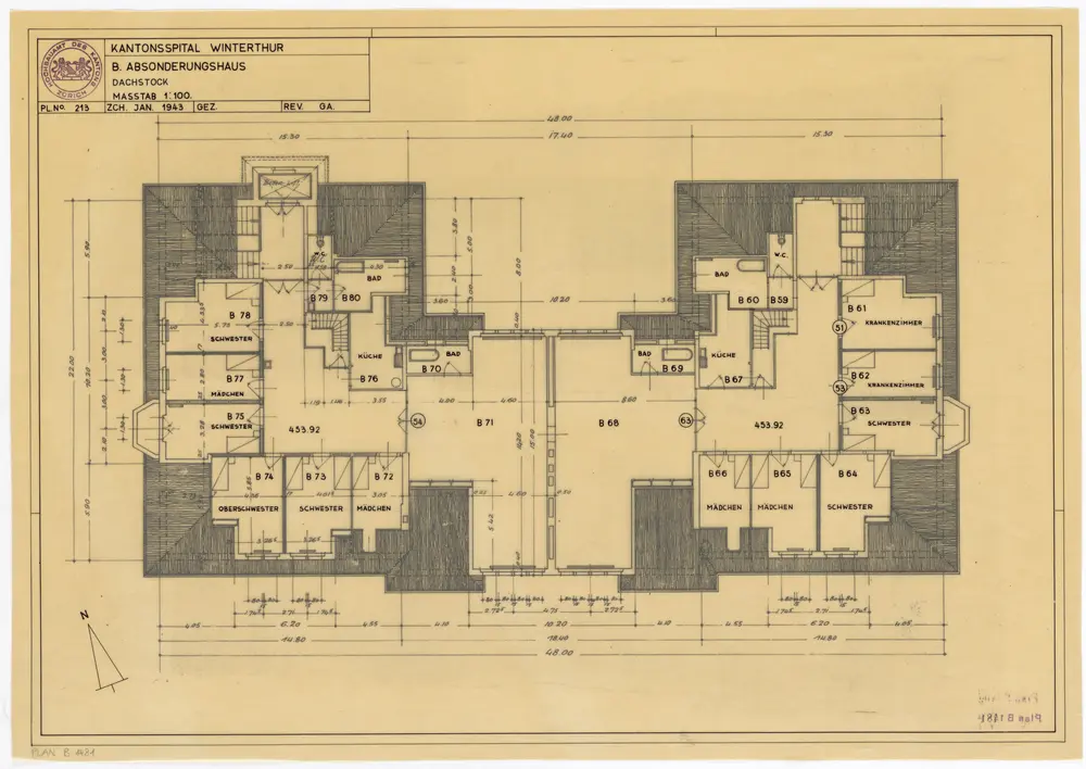 Winterthur: Kantonsspital, Absonderungshaus, Dachstock; Grundriss (Nr. 213)