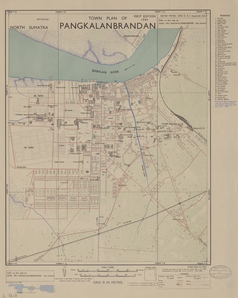 Town plan of Pangkalanbrandan / surveyed and drawn by No. 4 Ind[ian] Fd. Survey Co[mpan]y I.E., 1944 ; reproduced by Survey Dte. II Army Group S[outh] E[ast] A[sia], nov. 1944