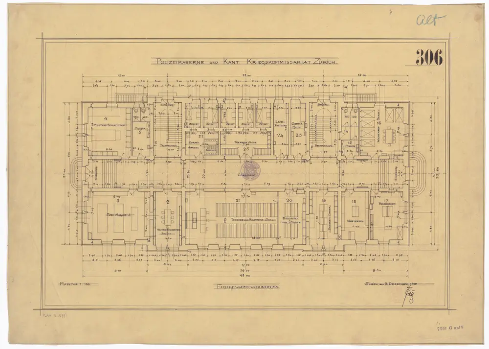 Polizeikaserne und kantonales Kriegskommissariat: Erdgeschoss; Grundriss