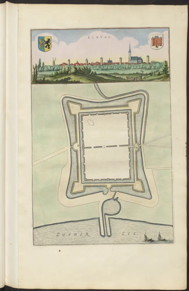 [Top] ELBVRG : [view]; [bottom] [Fortification plan of Elburg].