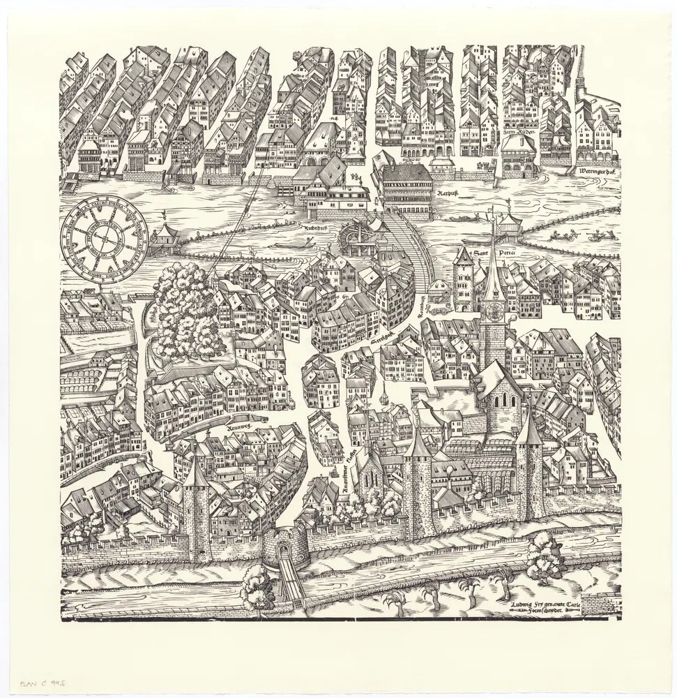 Holzschnitt-Planvedute (Ansichtsplan) der Stadt Zürich (Murer-Plan) von 1576: Blatt 5: Teilplan unten Mitte